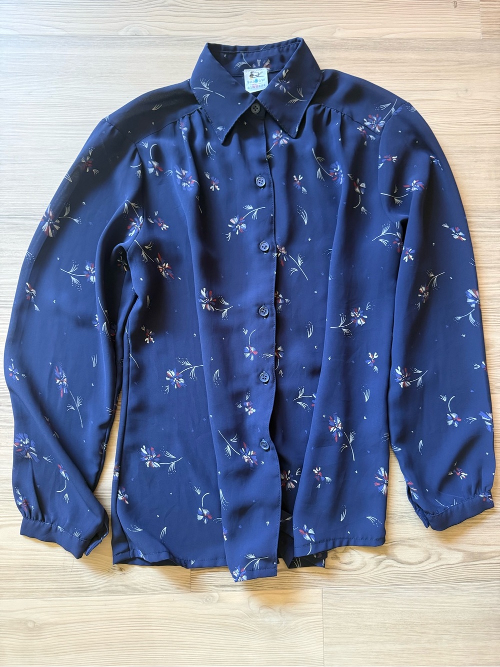 London Vintage Navy Blue Floral Button-Up Blouse